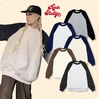 Áo sweater nỉ hai da ép Hàn raglan trơn phối tay unisex nam nữ mặc được tới 85kg AMOR STUDIOS
