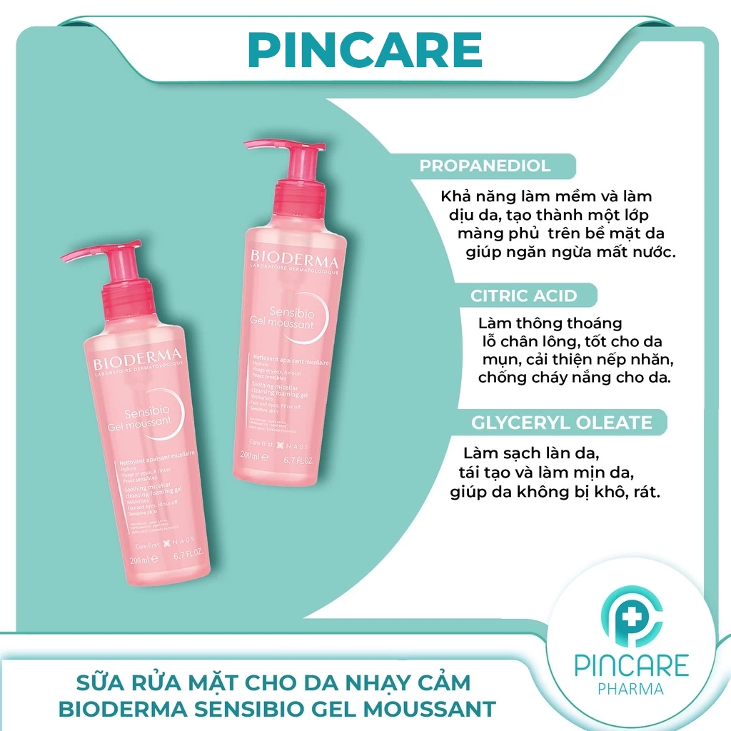 Sữa rửa mặt cho da nhaỵ cảm Bioderma Sensibio Gel Moussant (hồng) 200ml - Có bill chính hãng - PINCARE Health & Beauty
