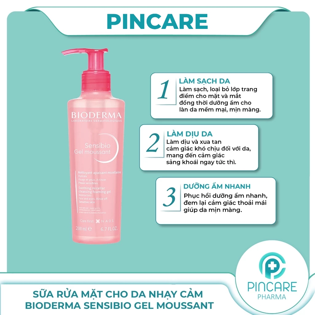 Sữa rửa mặt cho da nhaỵ cảm Bioderma Sensibio Gel Moussant (hồng) 200ml - Có bill chính hãng - PINCARE Health & Beauty