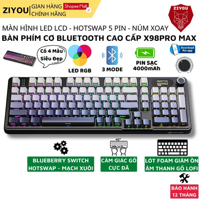 Bàn Phím Cơ Máy Tính Không Dây Ziyou Attack Shark X98 PRO MAX 3 Mode, Màn Hình LCD, LED RGB