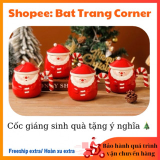 Cốc Noel kèm nắp xinh và thìa nhỏ, cốc sứ ông già noel, cốc giáng sinh ngộ nghĩnh