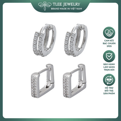 Khuyên tai bạc nữ TLEE, Bông tai hai hàng đá kép dáng vuông, dáng tròn cá tính TLEE JEWELRY B0426