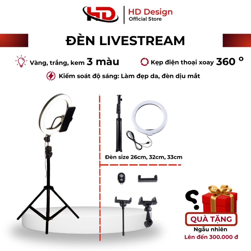Đèn Livestream Size 26cm, 32cm , 33cm Có Kẹp Điện Thoại - Chân Đèn 2m1 - Chính…