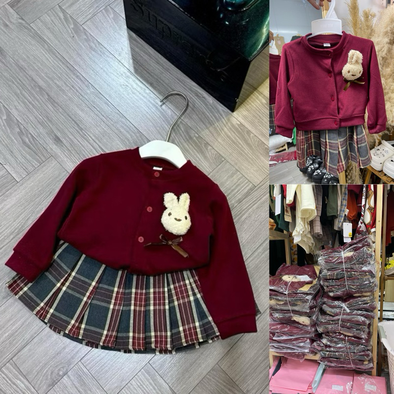 Set Áo Thỏ sn kid Dài Tay Cho Bé Gái + Chân Váy Chữ A, Bộ Đồ Thu Đông Bé Gái Mặc Mềm Mại Dễ Chịu Cho