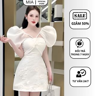 Váy tiểu thư MIA sang chảnh tay bồng đầm trắng thiết kế cổ yếm đính hoa kim sa dự tiệc V249