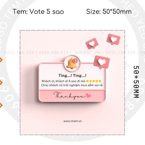 500 Tem VOTE 5 SAO, Tem Thank You nhắc khách đánh giá 5 sao