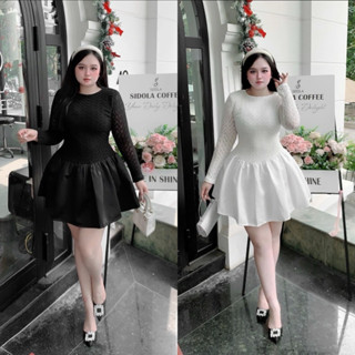 BIGSIZETIX D137 Đầm ren tay dài thiết kế cổ tròn phối tùng váy xoè phồng hack eo xinh xắn 50-90kg