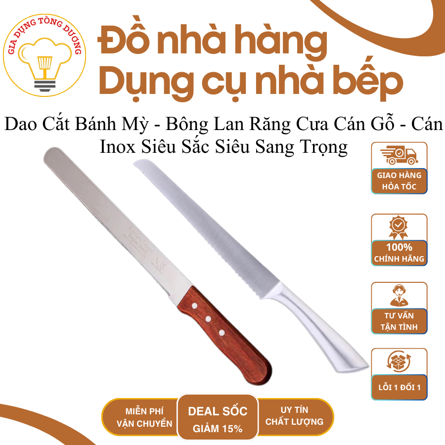 Dao Cắt Bánh Mỳ - Bông Lan Răng Cưa Cán Gỗ - Cán Inox Siêu Sắc Siêu Sang Trọng