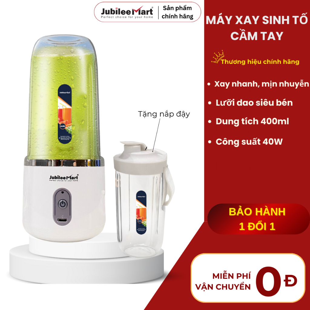 TẶNG KÈM NẮP- Máy Xay Sinh Tố Mini Cầm Tay Jubilee Mart 400ML 10 Lưỡi Pin Sạc,Xay Đa Năng,BH12 Tháng