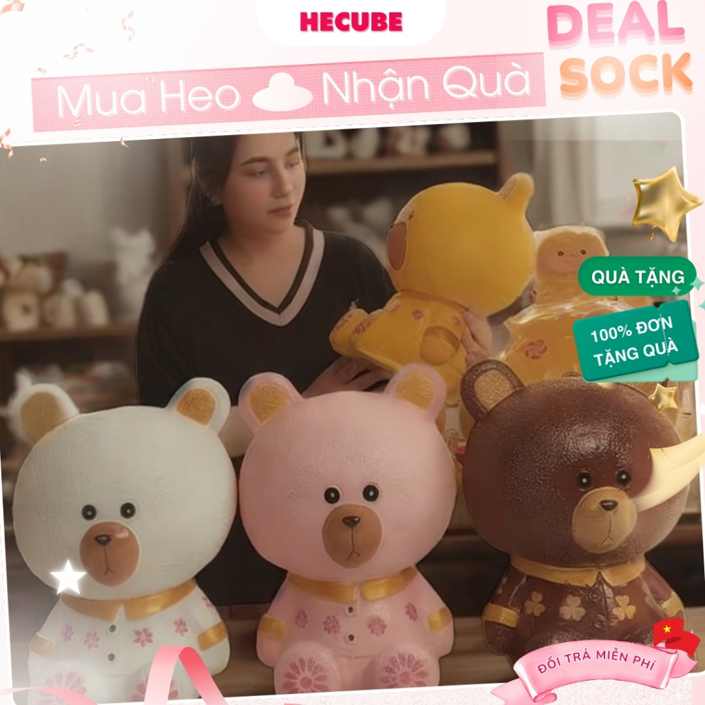 Heo Đất Gấu Dâu Hồng Size To 37cm Siêu Bự Hecube Lợn Ống Tiết Kiệm Tiền Vàng