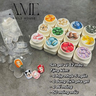 Set gel vẽ Ame 12 màu tặng kèm hộp đựng, pha gel, đế, móng mẫu