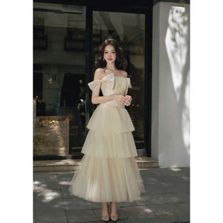  Đầm cúp ngực thời trang nữ dự tiệc sang trọng nhiều tầng chất lưới đính nơ hoa ngực dáng váy chữ A dài maxi 
