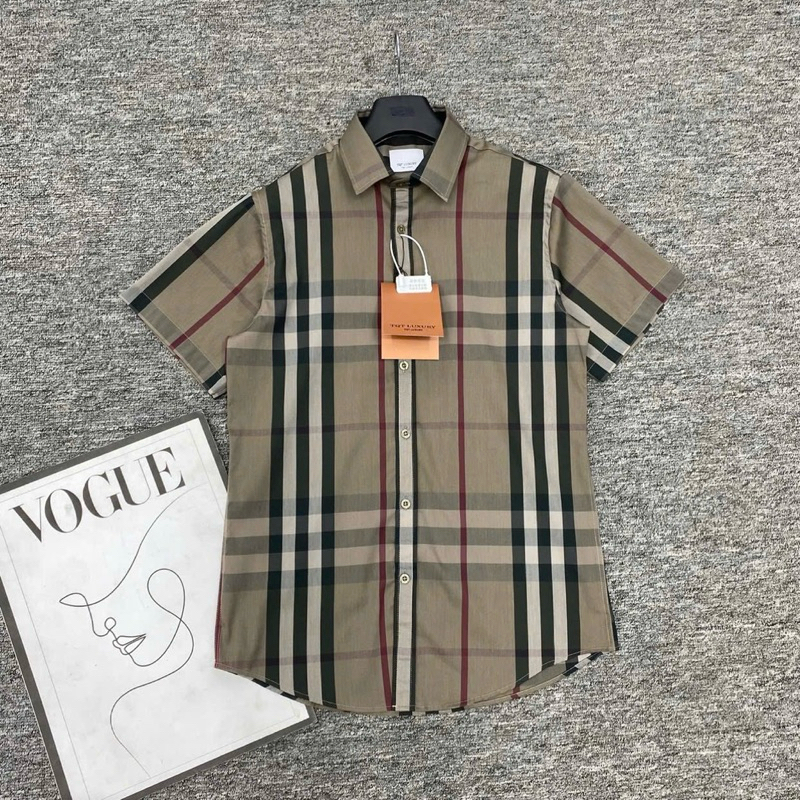 Áo sơ mi cộc tay nam nữ BBR lụa thô kẻ sọc màu nâu trầm đen đỏ cao cấp SMC49P