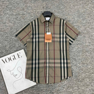 Áo sơ mi cộc tay nam nữ BBR lụa thô kẻ sọc màu nâu trầm đen đỏ cao cấp SMC49P