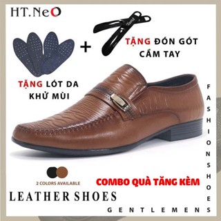 Giày nam da bò HT.NeO , Giày tây lười công sở mũi nhọn đế cao 3cm quai da vắt ngang dập vân lượn sóng sang trọng GN1970