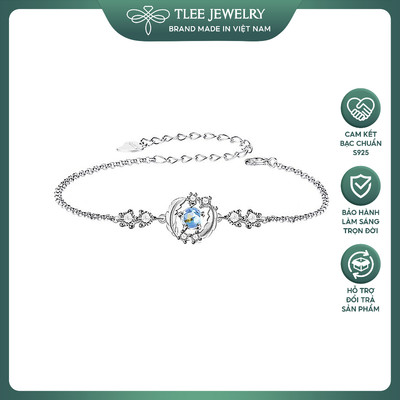 Lắc tay bạc nữ TLEE mặt tròn lông vũ đính đá moonstone mix hạt đá tròn xinh xắn TLEEJEWELRY LT0333