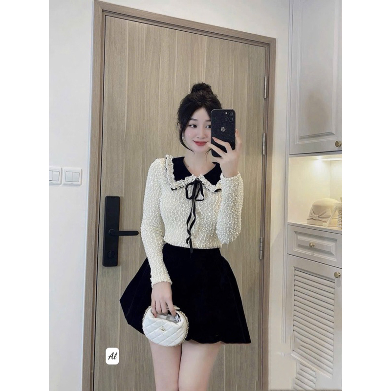 Sét Đồ Nữ Thu Đông Sét Chân Váy Lôngkèm Nơ xinh xỉu hàng loại 1