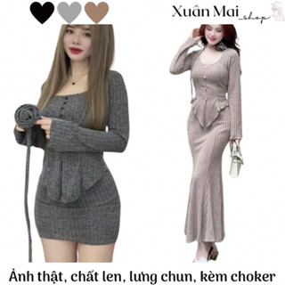 Set áo tay loe vạt nhọn đính nút chân váy chữ A choker hoa len đũa mặc đi chơi đi tiệc Noel Tết chụp ảnh màu đen xám nâu