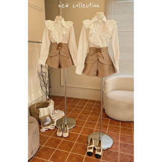 SET ÁO SƠMI CỔ BÈO TẦNG TAY PHỒNG KÈM SHORT ĐAN DÂY EO