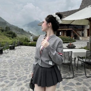 Áo Khoác Cadigan, Áo Len Cardigan nữ Thom Browne Cổ Tròn Tay Kẻ Dễ Thương Phong Cách Thome Hàn Quốc