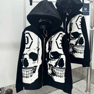 Áo khoác hoodie zip nam nữ nỉ bông Philipp Plein in hình đầu lâu trắng khoá zip khắc logo hai bên mũ 2 lớp dày dặn boy p