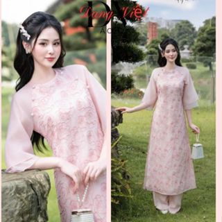 Áo dài Cách Tân Nữ, Set Áo Dài Đỏ Tết Cổ Yếm Viền Ngực Có Size Chất Voan Kèm Quần Hồng Thiết Kế Đi Chơi, Đi Tiệc