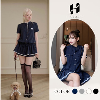 Set váy nữ jumpsuit cổ tàu phối ren thêu nơ độn vai, bộ váy nữ kẻ quần rời tiểu thư tinh tế H Store