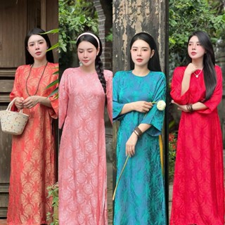 Áo Dài Cách Tân Dáng Suông Vải Lụa Cao Cấp Họa Tiết Chữ Thọ ( Tặng Vòng Cổ ) - ADKC03