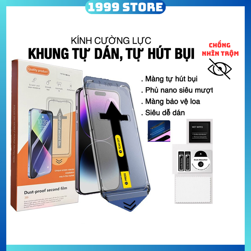 Kính Cường lực iphone MAGIC BOX BLACK ARROW có khung tự dán, tự hút bụi - miếng dán màn hình iphone