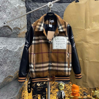 Áo khoác bomber nam nữ BBR thân dệt dạ kẻ pha sọc màu tay pha da đen thêu hoạ tiết bảng chữ hãng