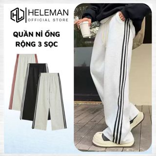  Quần dài ống rộng vải nỉ cotton nam nữ thiết kế 3 sọc kèm dây rút gấu  Quần thể thao form suông unisex QNR HELEMAN 