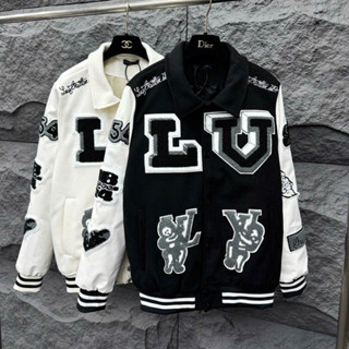 Áo khoác bomber jacket nam nữ Eo Vì thân dệt dạ pha tay da nhăn thêu hoạ tiết bằng bông xù thỏ đập chữ