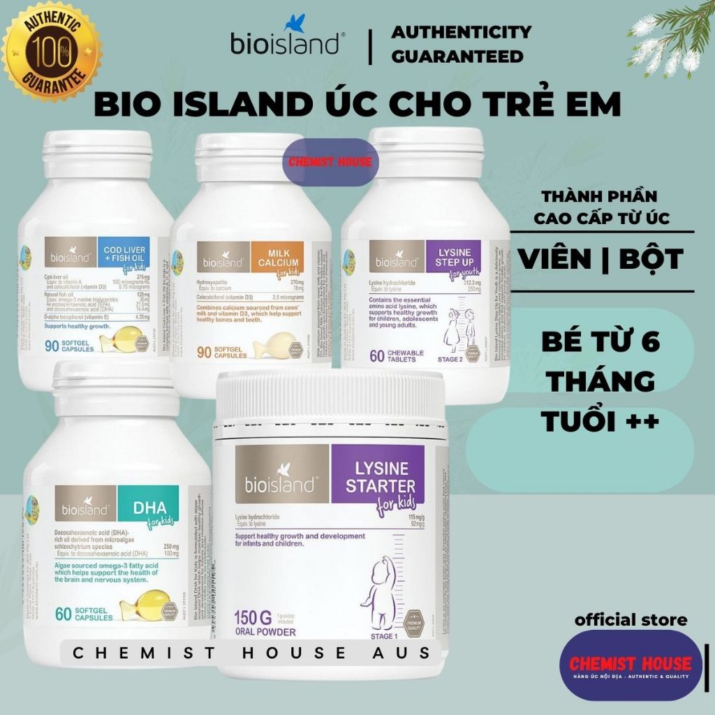 [Có App Check Auth] Bio Island Cho Bé Tăng Chiều Cao Khỏe Xương Bổ Não DHA Lysine Canxi D3 Dầu Cá Tuyết Thông Minh