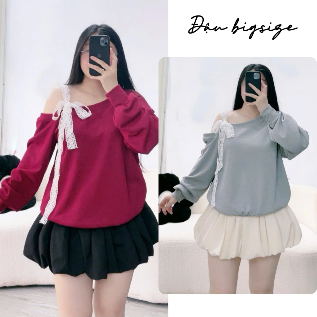  Set tiểu thư bigsize nữ áo sweater bigsize nữ tay dài lệch vai thắt nơ ren 1 bên kèm chân váy bí chất lụa - SET931 