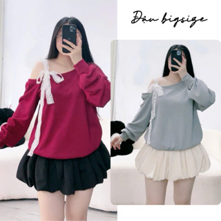  Set tiểu thư bigsize nữ áo sweater bigsize nữ tay dài lệch vai thắt nơ ren 1 bên kèm chân váy bí chất lụa - SET931 