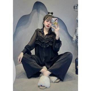 Bộ Đồ Ngủ Quần Dài Chất Lụa Latin Áo Tay Dài Vải Voan Có Lót Trong Freesize 40-60kg