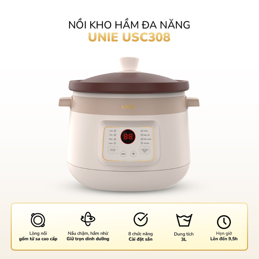 Nồi Nấu Chậm Unie USC308, 8 Chế Độ Cài Đặt Sẵn,Dung Tích 3L, Hàng Chính Hãng, Bảo Hành 1 Năm