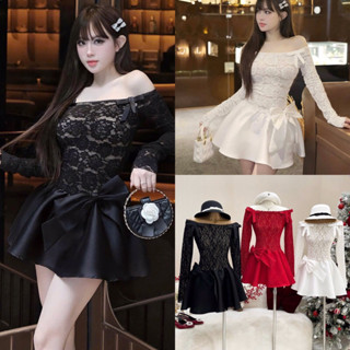 Đầm Váy Ren Trễ Vai Tay Dài Đính Nơ Phối Tà Tafta Xoè Bồng Tiểu Thư Màu Đỏ Đen Trắng