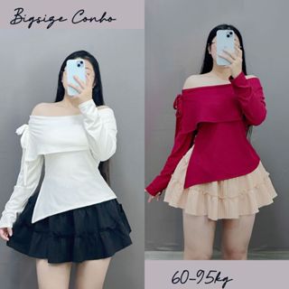 Set Áo Thun Trễ Vai Bigsize Nữ Vải Gân Tăm Mềm Mại Kèm Chân Váy Xòe Lưng Cao Xinh Xắn SET942