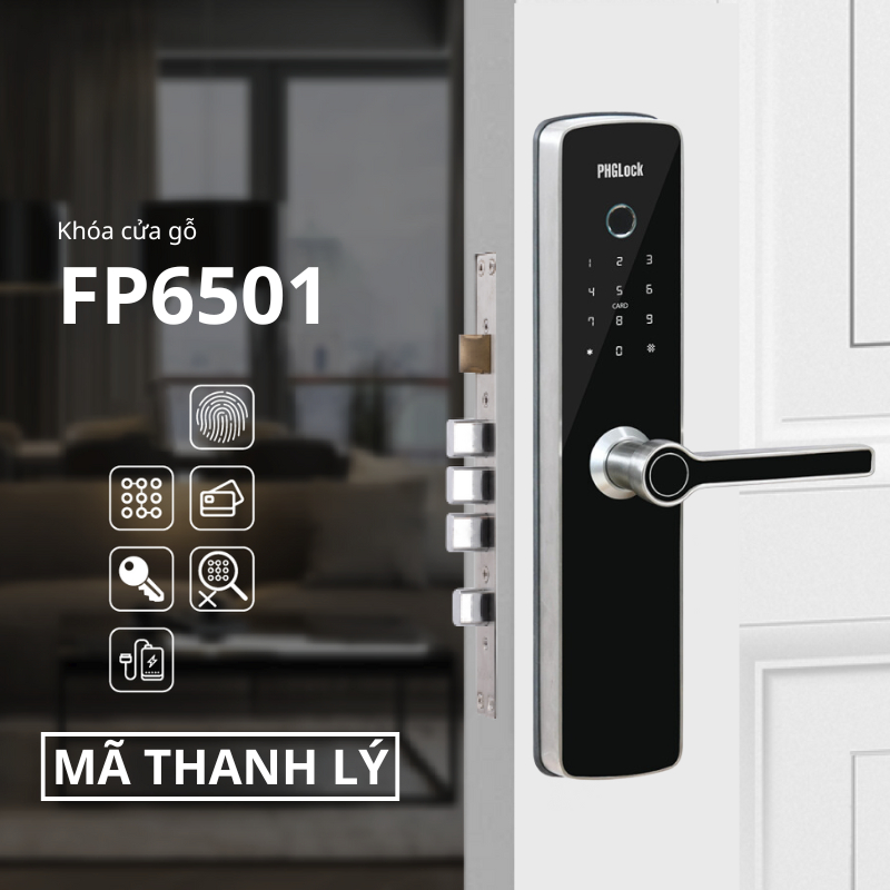 [Hàng thanh lý]Khoá cửa vân tay (Cửa Gỗ) PHGLock FP6501 Lưu Trữ 100 Vân Tay, 100 Thẻ Từ và 100 Mã Số
