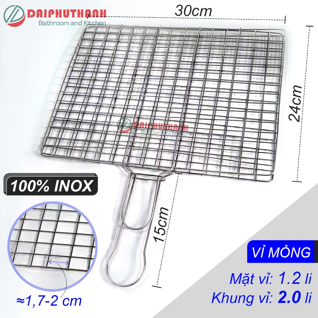Vỉ Nướng Than Inox Vỉ Nướng Thịt Cá Dạng Kẹp - Độ dày 2 đến 3 li, mặt vỉ 30x24cm đan ca rô dày dặn
