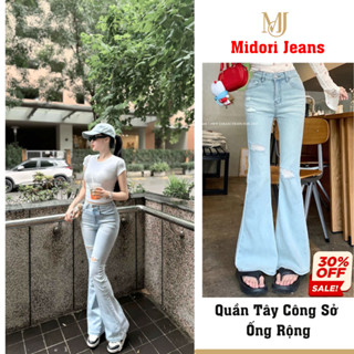 Quần jean nữ ống loe wash nhẹ S038 Midori Jeans, Quần jean ống loe rách gối co giãn nhẹ thoải mái