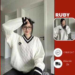  Áo len trắng Ruby cổ V viền sọc Áo len form rộng phong cách Hàn Quốc-AL10 