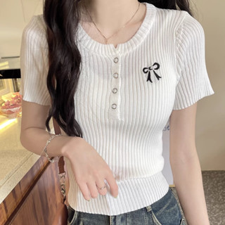 Áo Thun Nữ Tay Ngắn Cổ Cúc Bấm PINKSTORE29 Thêu Nơ Dễ Thương A51217