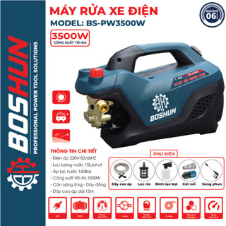 Máy rửa xe chỉnh áp BOSHUN BS-PW3500W, Công suất 3500W, Dây Đồng 100%, Dây Xịt Dài 15M