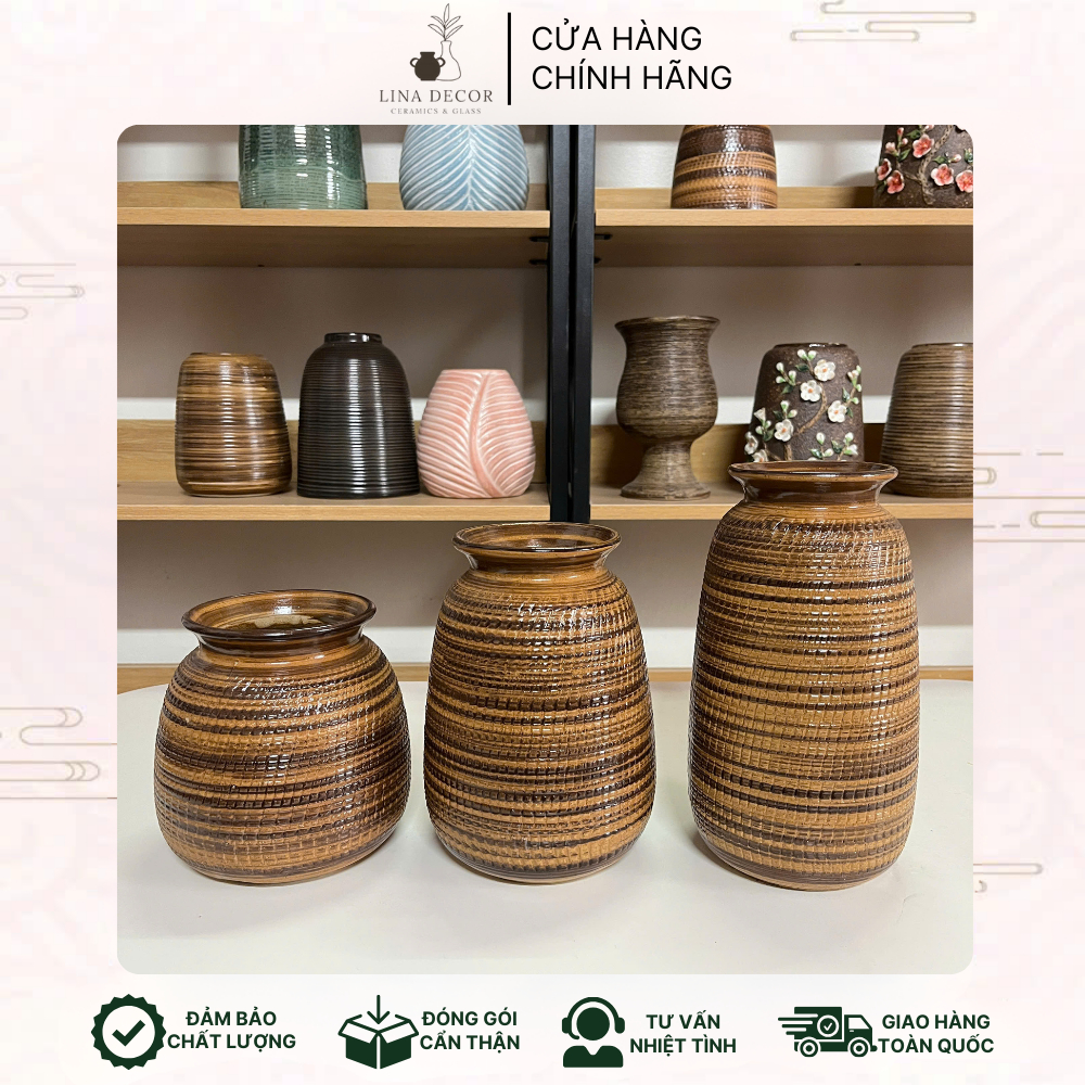 Set 3 Bình Hoa Men Nâu Mộc Gốm Sứ Bát Tràng