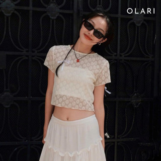Áo Kiểu Nữ Croptop Cổ Tròn OLARI Ren Lưới Hoa - OL371 - Tặng Kèm Áo Ống