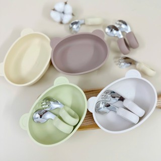  Set ăn dặm silicon cho bé: Bát ăn dặm có đế hút chống lật + set thìa dĩa inox cán vòng tròn bọc silicon MS01 