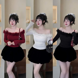 ÁO TRỄ VAI VIỀN LÔNG TAY DÀI - Áo thun nữ dáng ôm body viền lông thỏ phía trước phong cách thu đômg sang chảnh