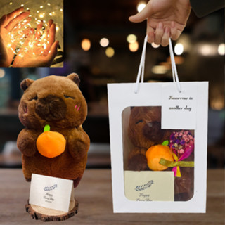 Sét Quà Tặng Gấu Bông Capybara Cầm Quả Cam Đáng Yêu Có Kèm Quà Tặng Hoa, Thiệp, Đèn Led, Sinh Nhật Cho Nam Nữ